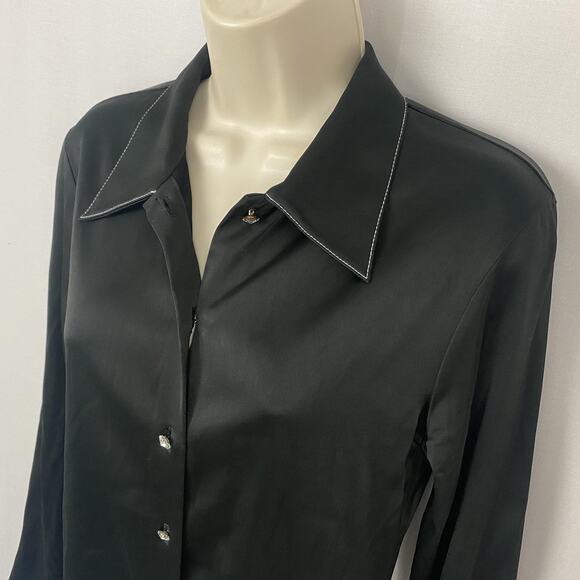 VTG Nicole Miller Stretch Satin Top 10 Large Black Crystal Button Glam Academia - Picture 2 of 13